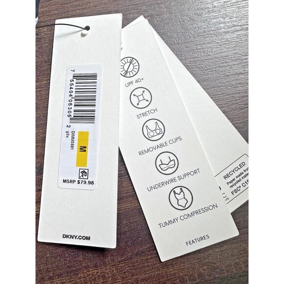 DKNY Women's Ruffle Neck One-Piece Swimsuit Fluorescent Yellow Black & White M - Picture 6 of 10